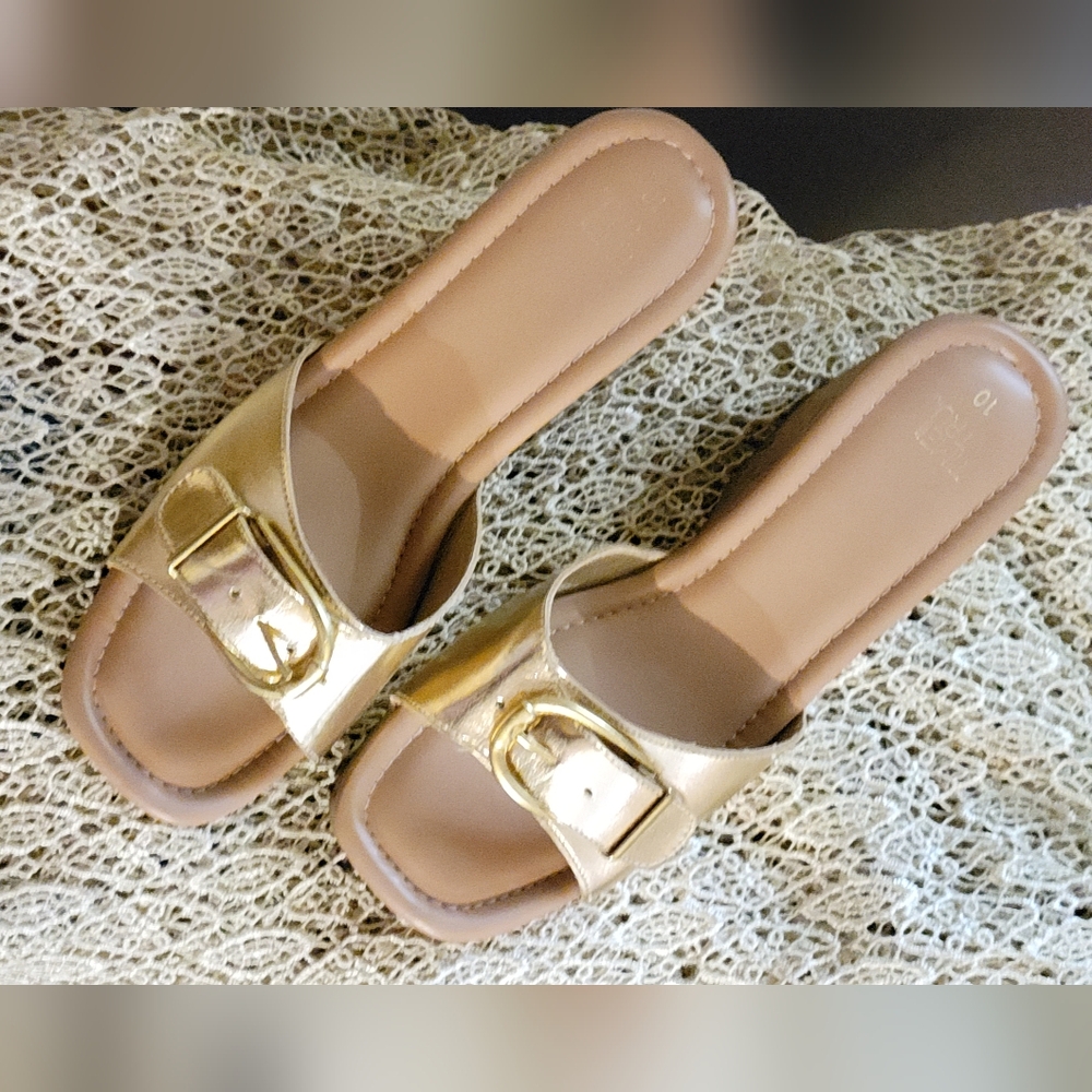 Time and Tru Gold Buckle Slide Sandals